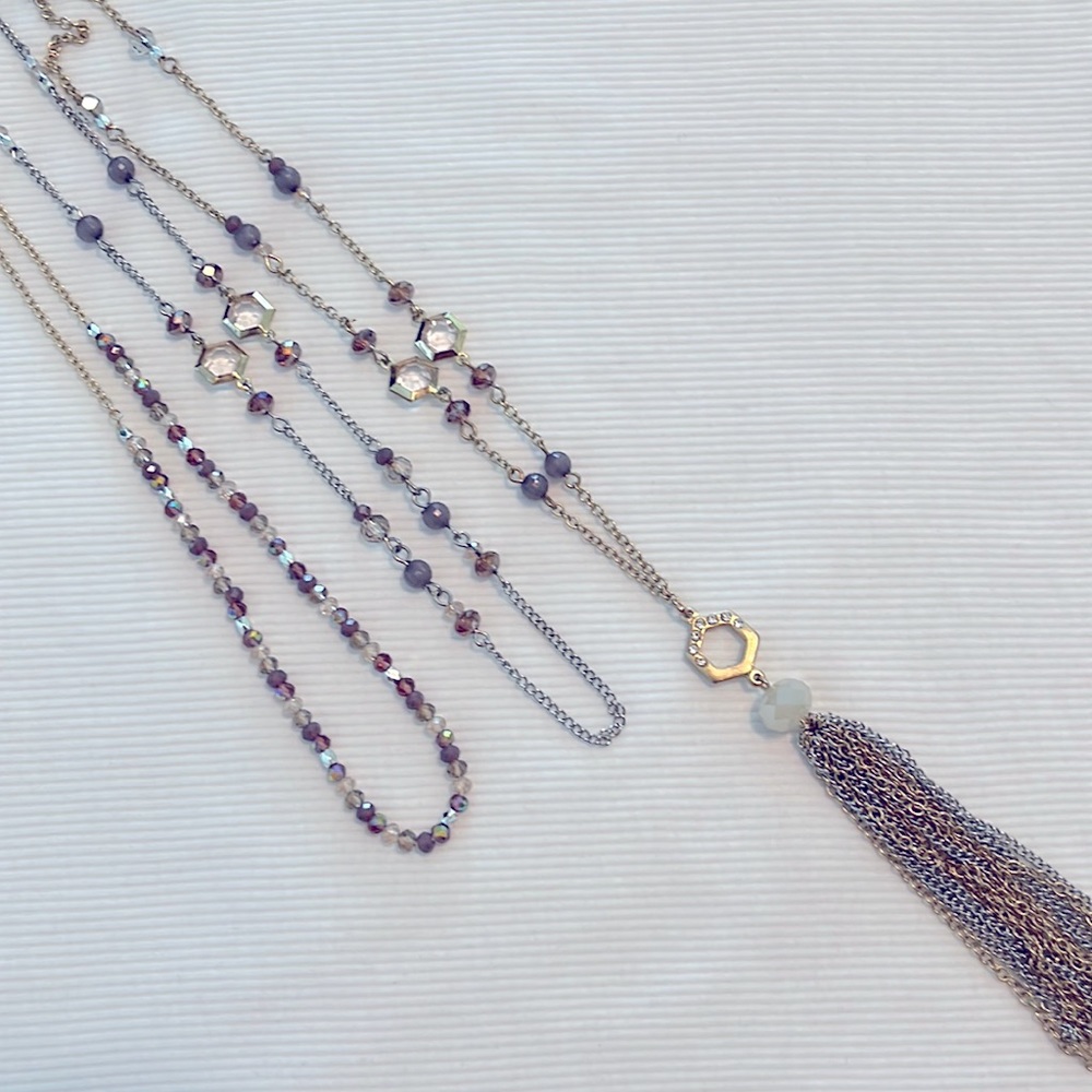 Tri-Tone Chains 3 Crystal & Lavender Beads Necklace and Chain Tassels